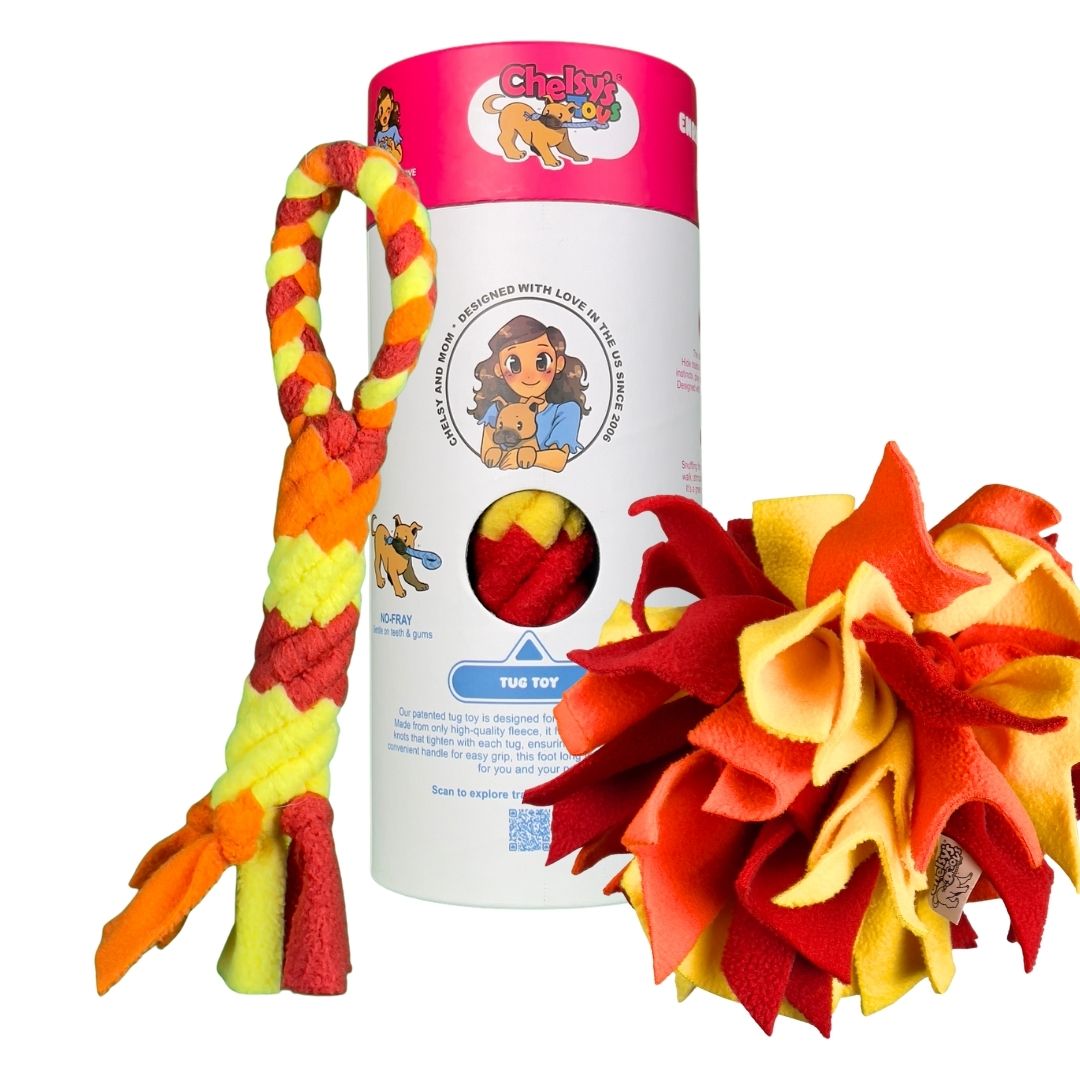 Dog tug toy with a treat tube and a snuffle ball