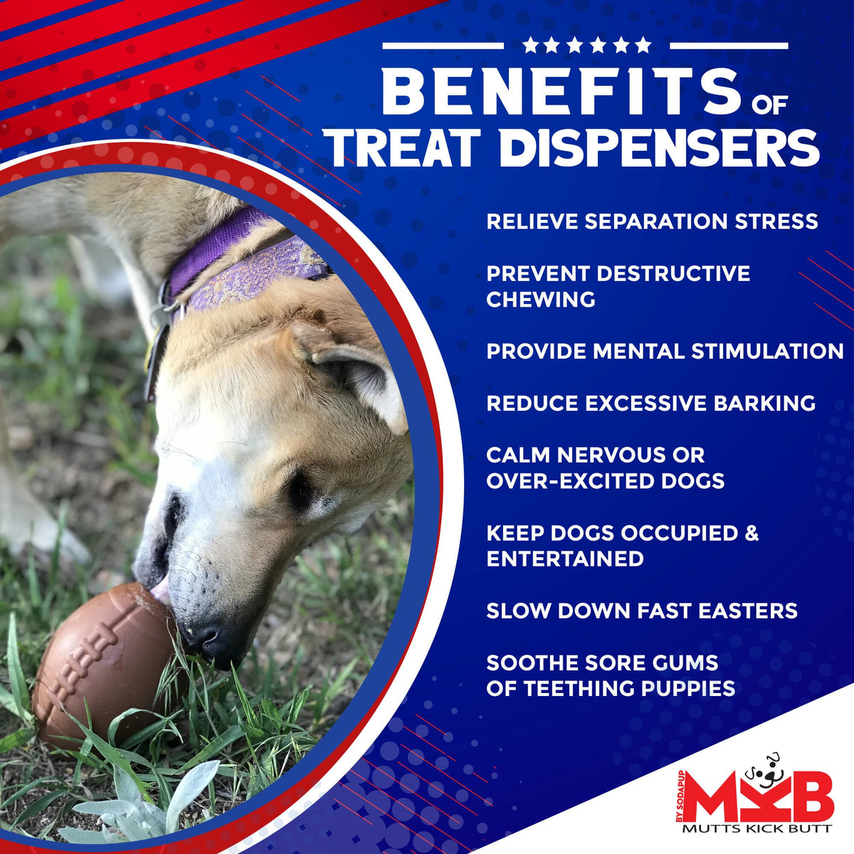 Football treat-dispensing dog toy benefits graphic