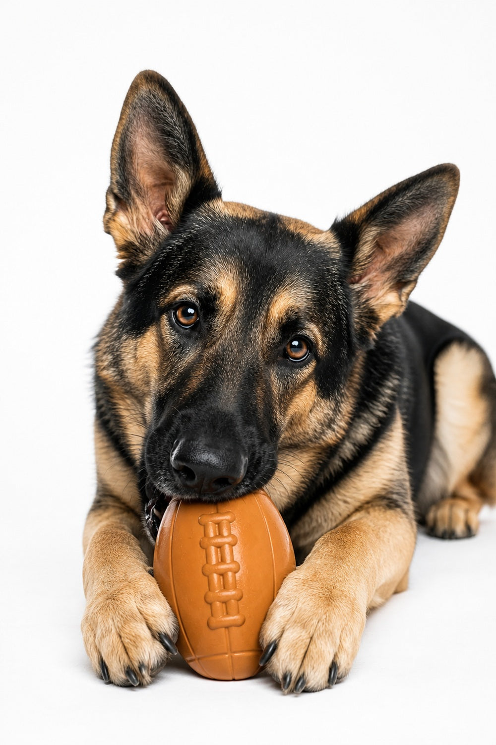 Football-shaped rubber dog toy lifestyle image