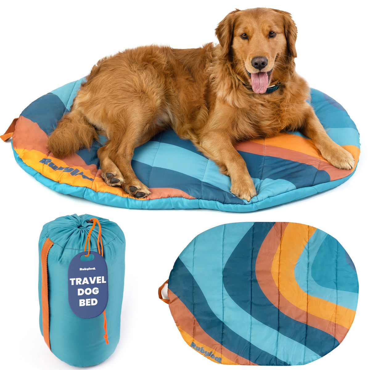 Packable travel dog bed rolled into its bag