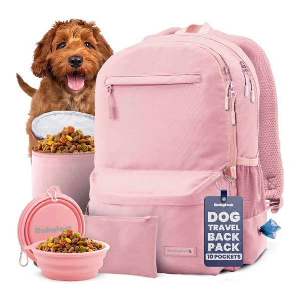 Dog travel backpack with bowls and a treat pouch