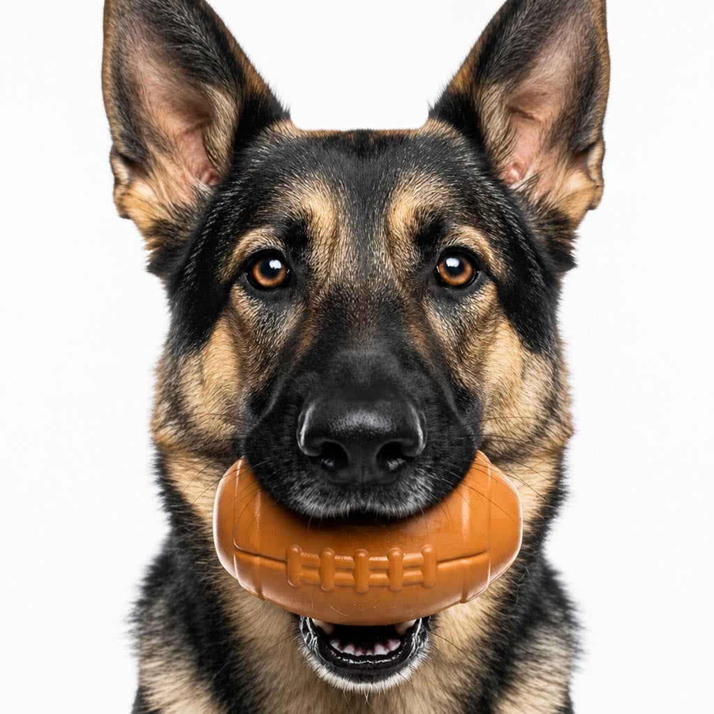 Large brown football treat-dispensing dog toy, alternate view