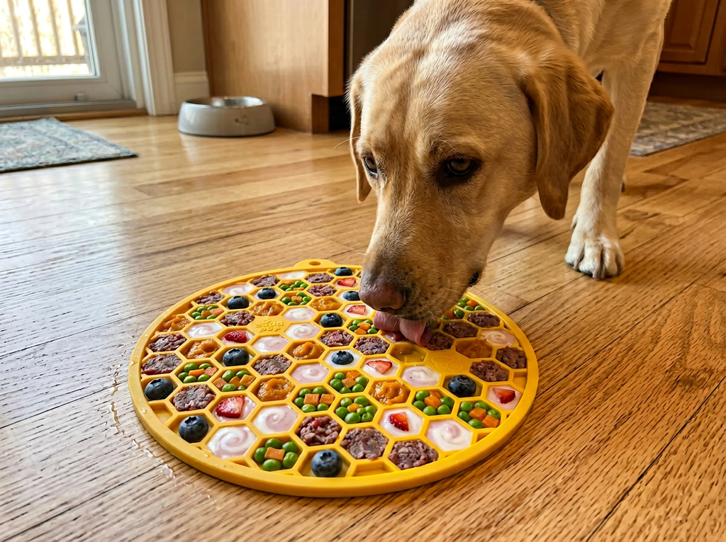 Dog using a honeycomb lick mat during enrichment